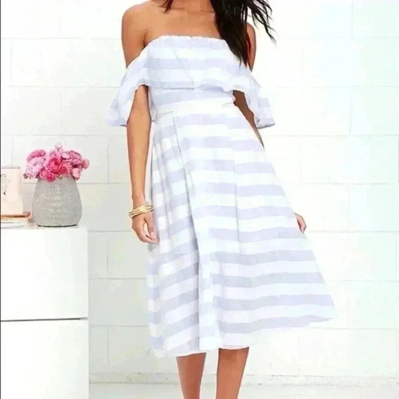 Lulus Dresses & Skirts - Lulu’s | Cotton Off the Shoulder Blue Ivory Striped Dress | Size Small